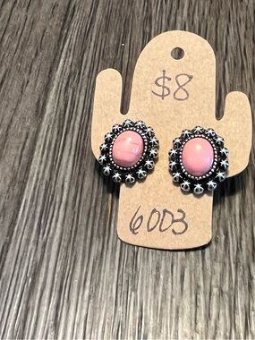 Pink Oval Stone Floral-Frame Stud Earrings
